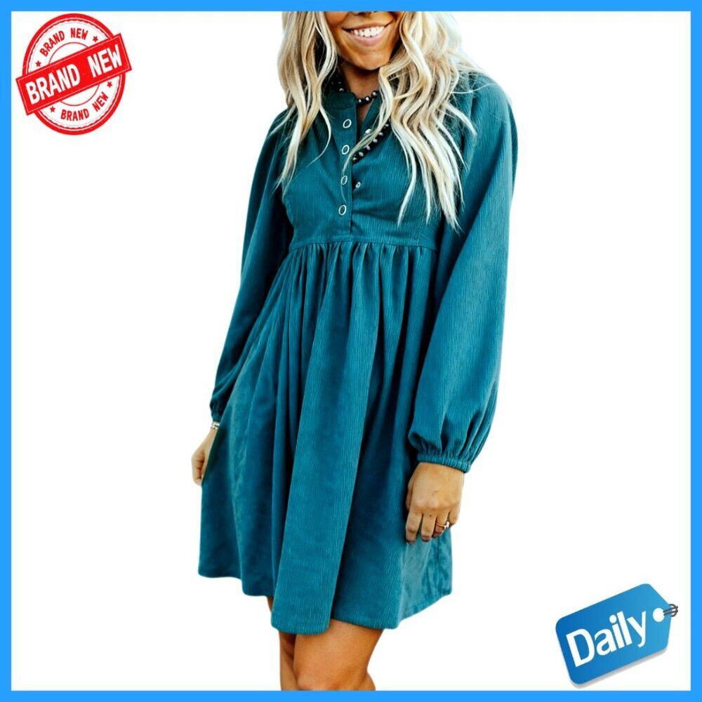 Corduroy Mini Dress Long Sleeve Empire Waist Button Front with Pockets